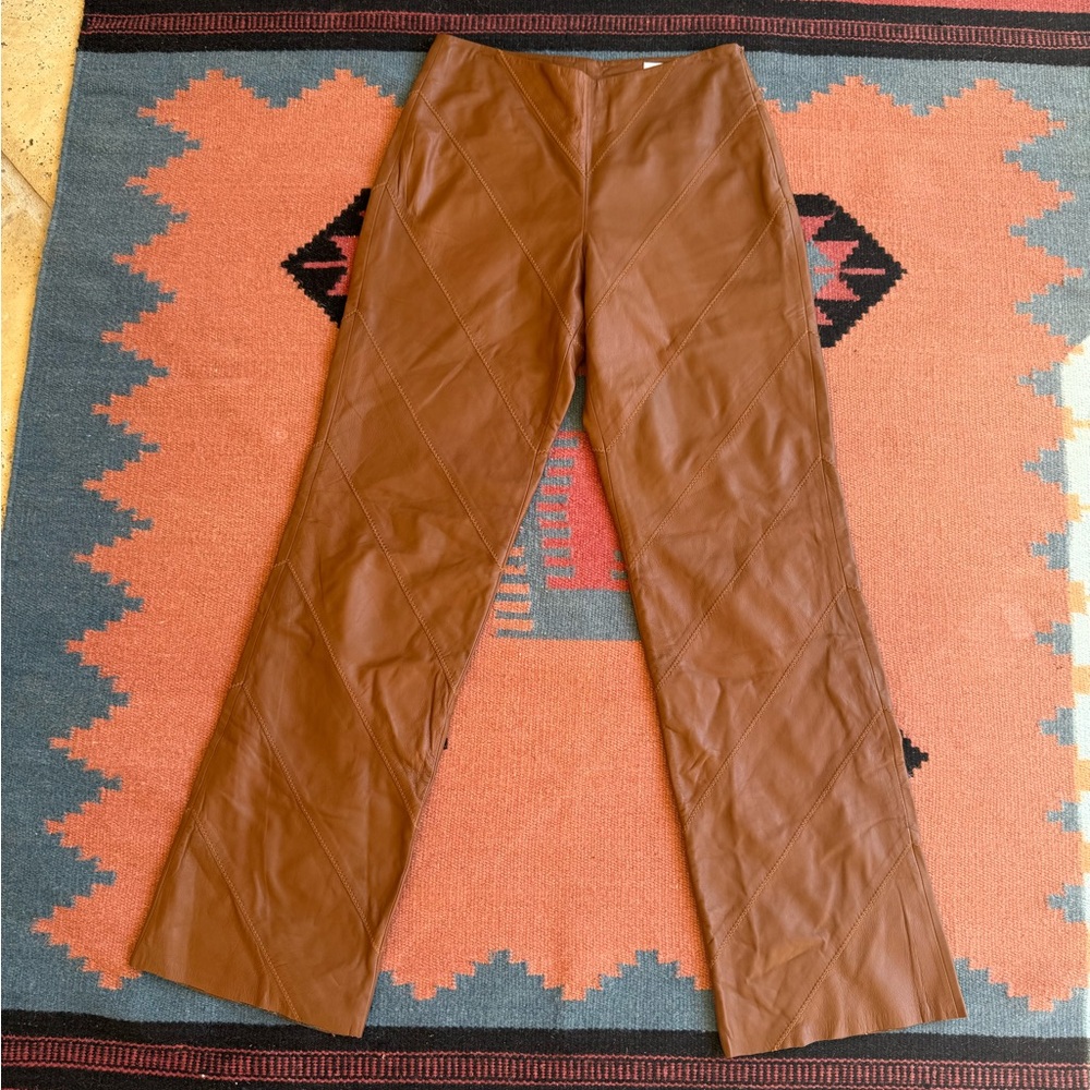 Vericci Brown 100% Leather Pants with Diagonal Stitch Detail size 6